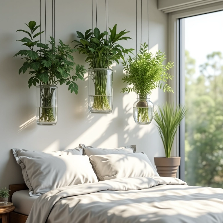 Vasos suspensos em jardim vertical em quarto.