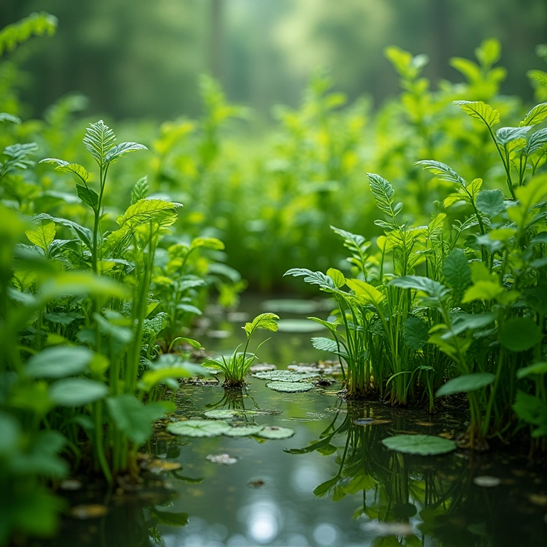 Vegetação aquática exuberante prosperando em uma lagoa rasa.