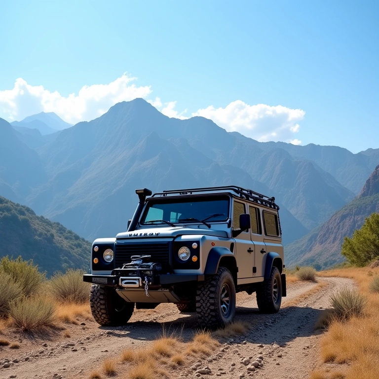 Veículo off-road com guincho em paisagem remota.