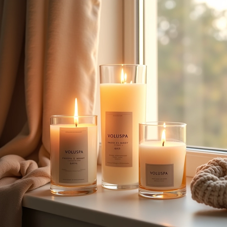 Velas aromáticas Voluspa em um ambiente escandinavo.