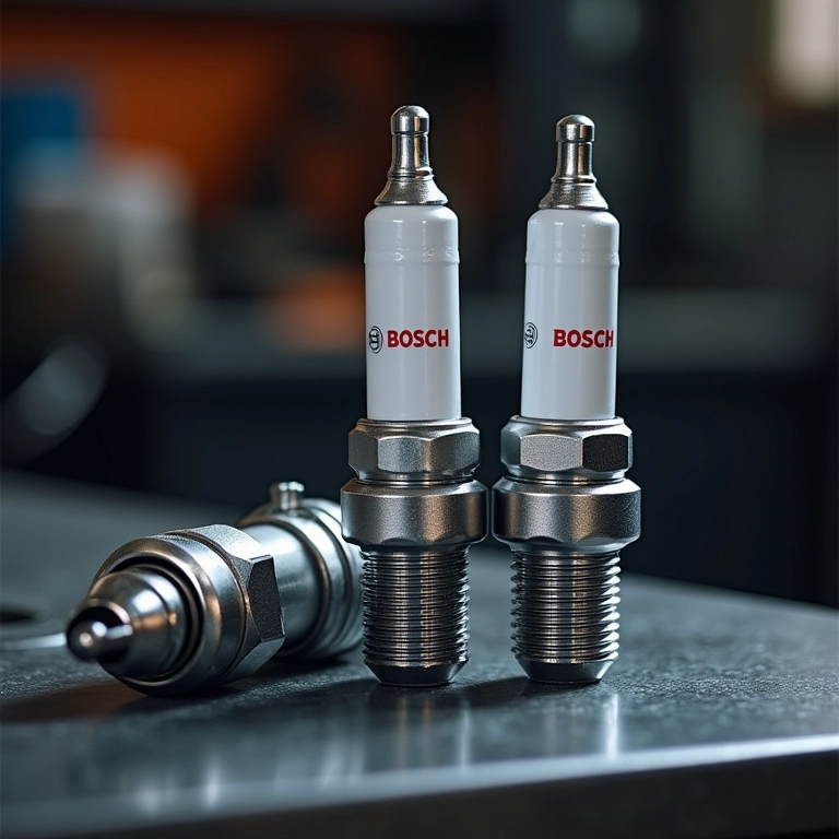 Velas de iridium Bosch exibidas em bancada de oficina.