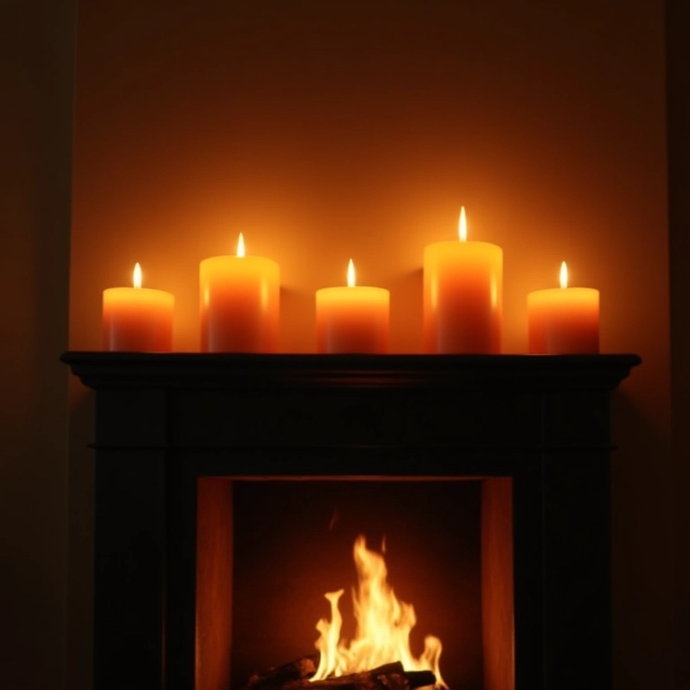 Velas sobre a lareira, criando uma atmosfera acolhedora.