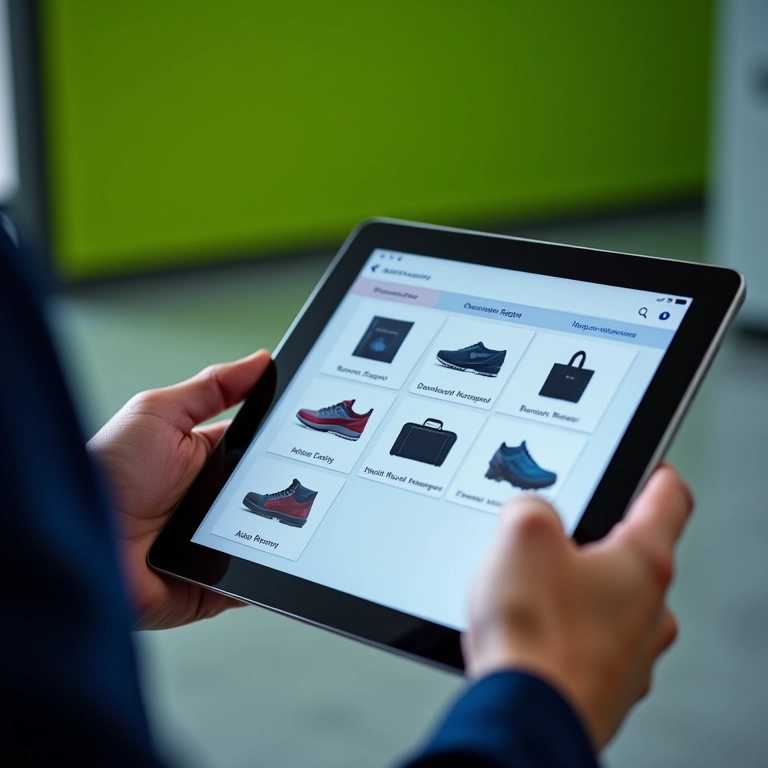 Vendedor apresenta opções de produtos em tablet.