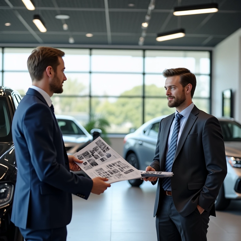 Vendedor explicando ciclo de vida dos modelos de carros na concessionária.