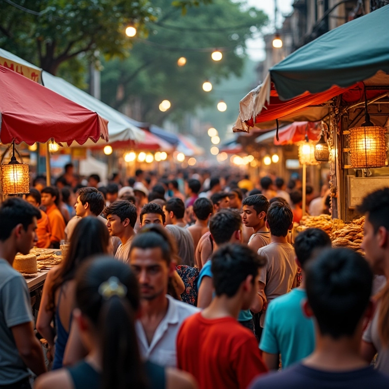 Vendedores de comida em feira competindo por clientes.