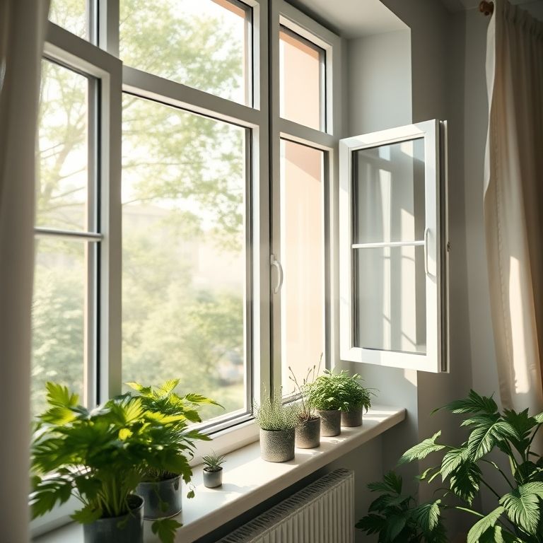 Ventilação natural em apartamento com ervas saudáveis na janela.