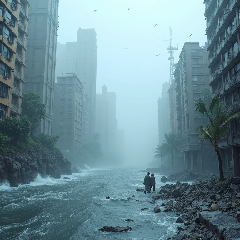 Ventos fortes destruindo uma cidade costeira.