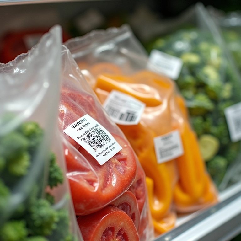 Verduras congeladas em sacos etiquetados no freezer.