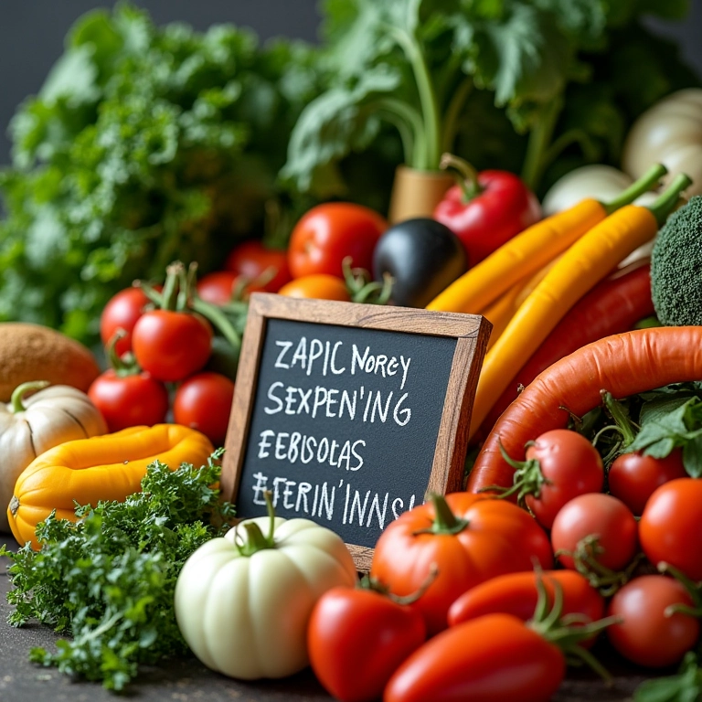 Verduras frescas com dicas escritas em quadros de ardósia.