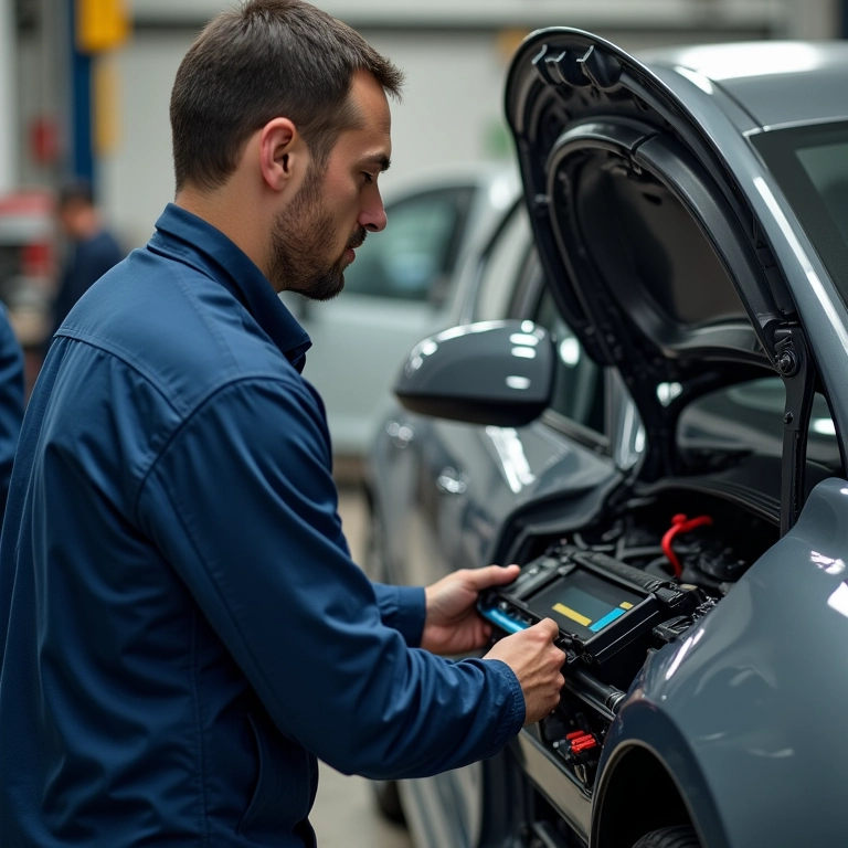 Verificação da bateria de um carro elétrico.