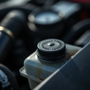Verificação do nível do fluido de freio em reservatório automotivo.