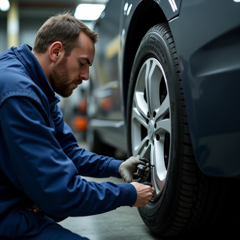 Verificação dos pneus durante a revisão de 20.000 km.