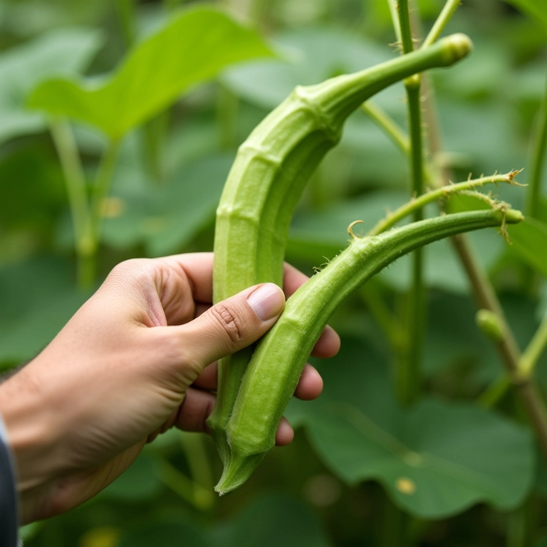 Verificando a maturação do quiabo.