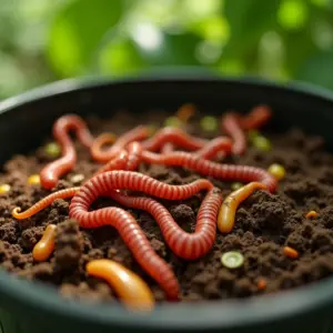 Vermicompostagem vibrante em um jardim, minhocas trabalhando.