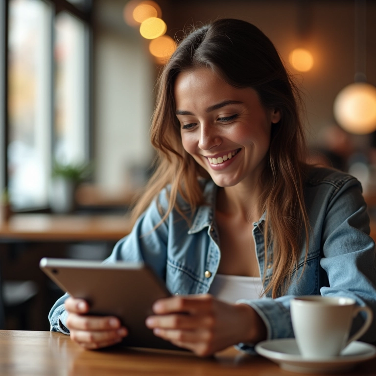 Viajante lendo avaliações online de hospedagens em tablet.
