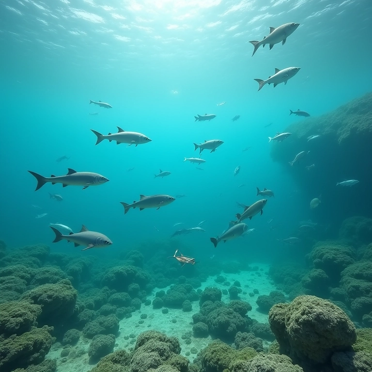 Vida aquática diversificada em um lago: peixes, aves e anfíbios.