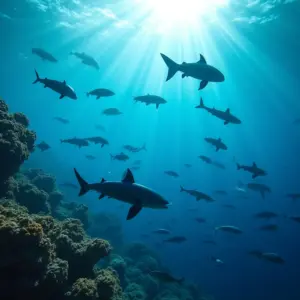 Vida marinha diversificada em oceano com água cristalina.