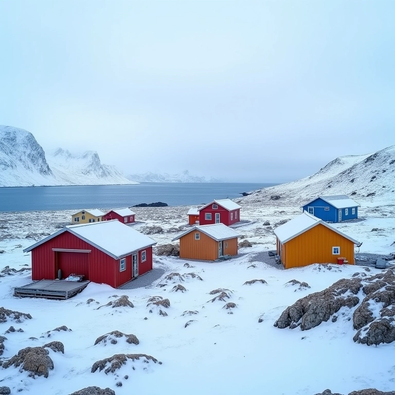 Vila remota na Groenlândia com casas coloridas em paisagem gelada.
