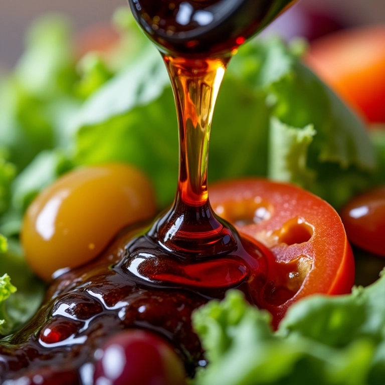 Vinagre balsâmico sendo regado sobre uma salada fresca.