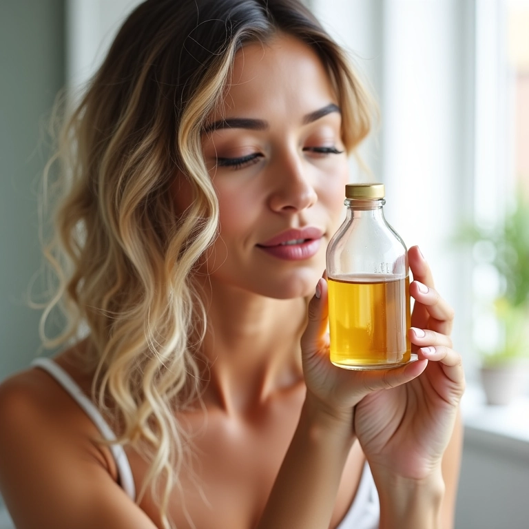 Vinagre de maçã sendo usado como condicionador natural no cabelo.