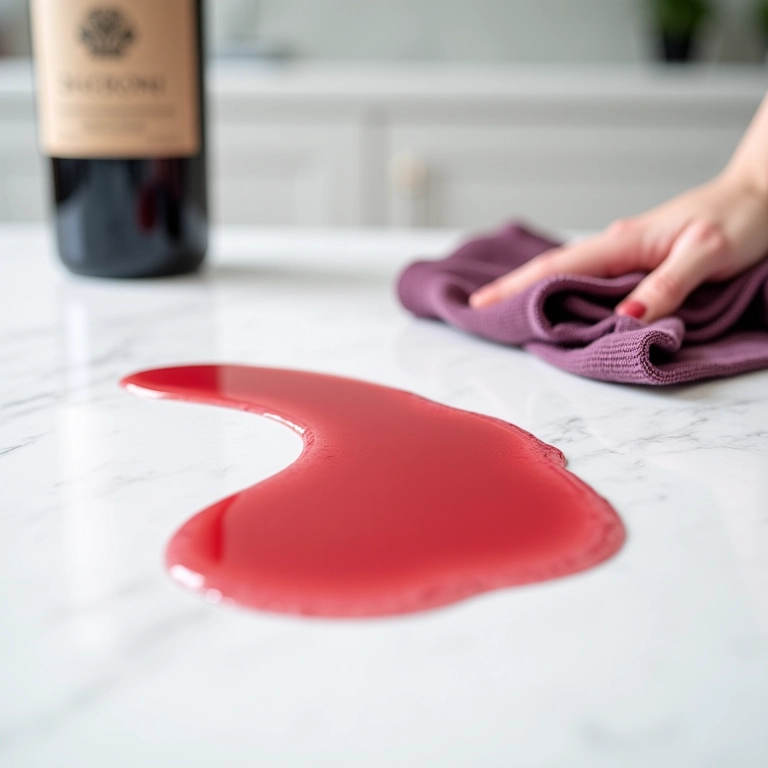Vinho tinto derramado sendo limpo em Silestone.