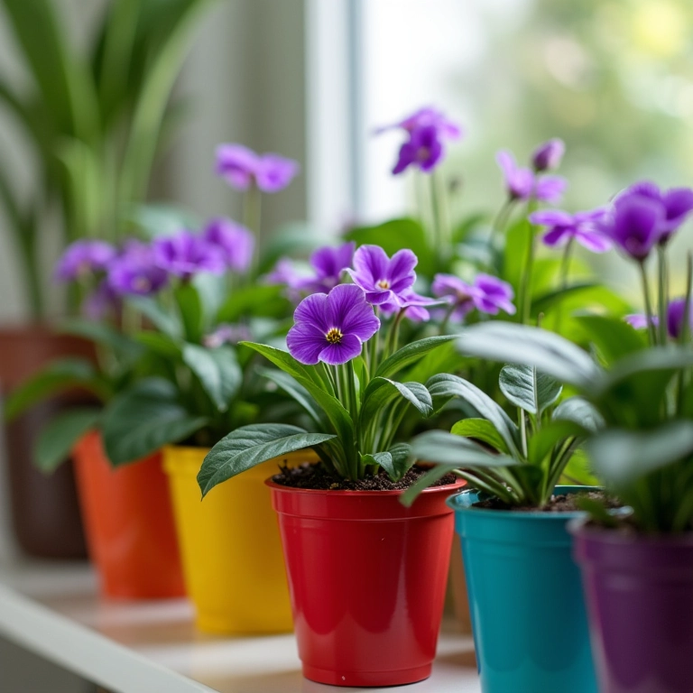 Violetas africanas vibrantes em vasos de plástico coloridos dentro de casa.
