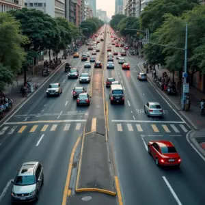 Visão aérea de um cruzamento movimentado no Brasil com semáforos antigos e modernos.