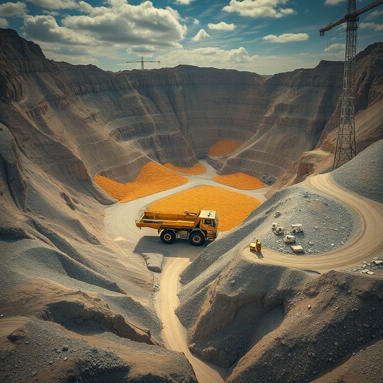 Visão aérea de uma mina de ouro, mostrando a produção limitada de novas reservas.