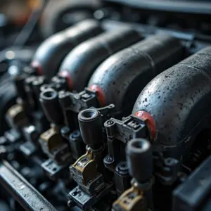 Visão detalhada de um motor de carro desmontado, com pistões e câmara de combustão.