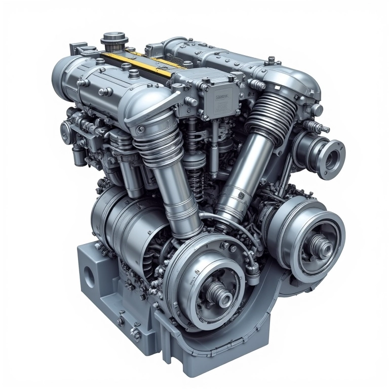 Visão em corte de um motor a combustão mostrando pistões, cilindros e válvulas.