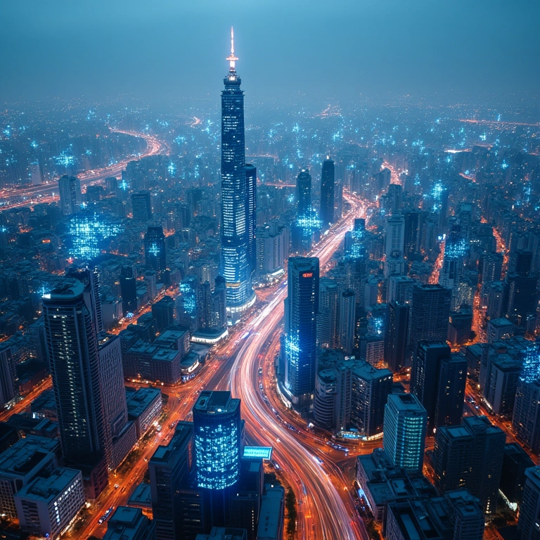 Visão futurista de uma cidade brasileira com projeções holográficas da IoT conectando infraestruturas.