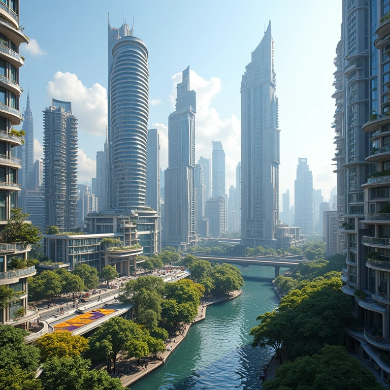 Arquitetura Paramétrica: A Tecnologia Moldando o Futuro Visão futurística de uma cidade com arquitetura paramétrica e design brasileiro vibrante.