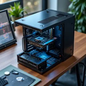 Visão geral de um computador de mesa mostrando a dualidade entre hardware e software.