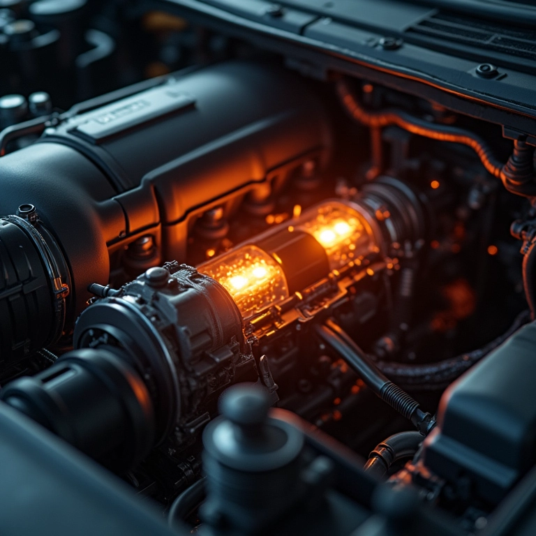 Visão interna de um motor de carro, com pistões em funcionamento e combustão visível.