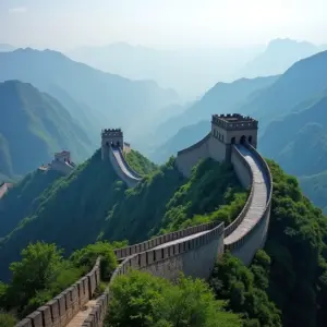 Vista panorâmica da Muralha da China serpenteando pelas montanhas.