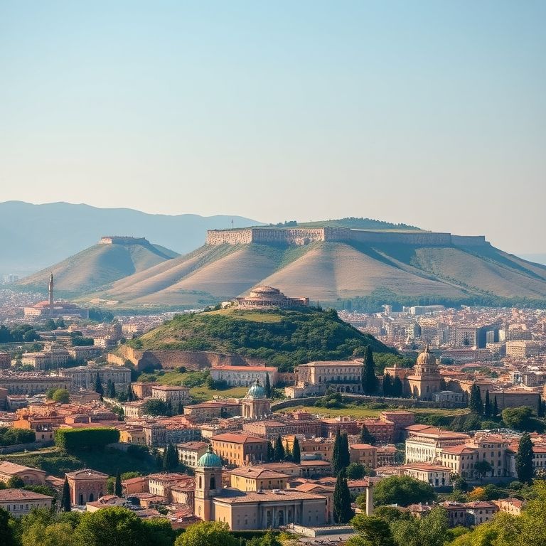 Vista panorâmica das sete colinas de Roma, com edifícios antigos.