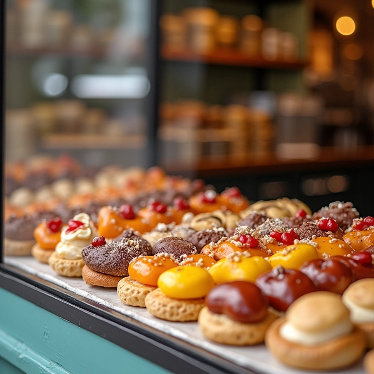 Vitrine de pastelaria com variedade de doces e arranjo colorido, convidando os clientes a entrarem.