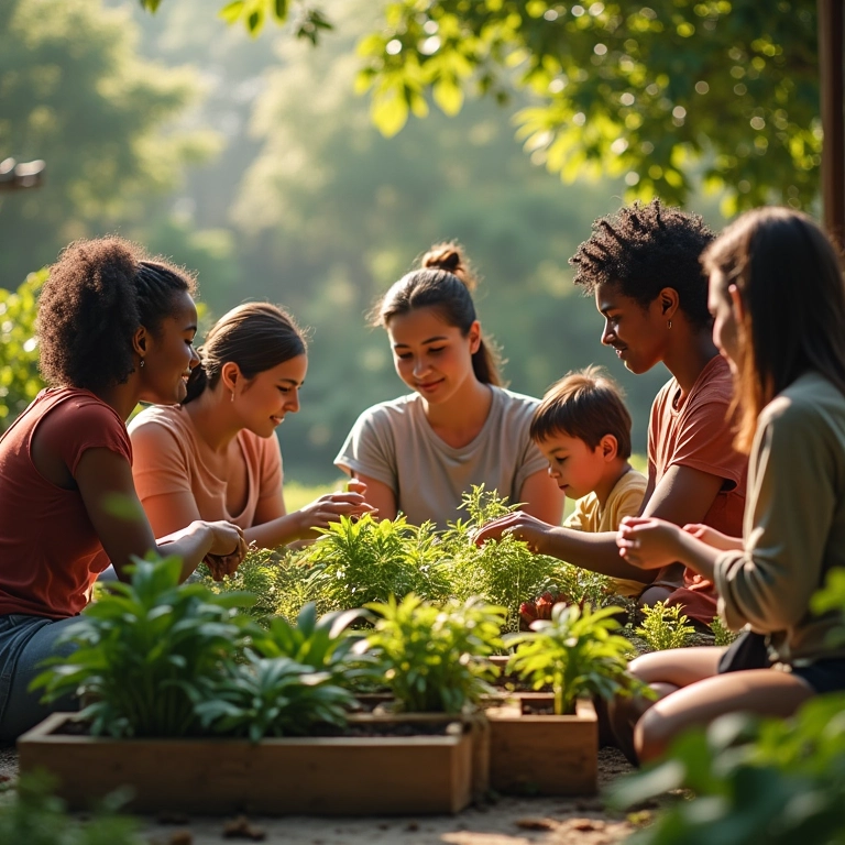 Vizinhos brasileiros reunidos para planejar uma horta comunitária.