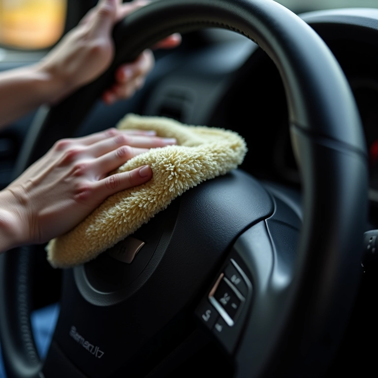 Volante danificado por produtos de limpeza inadequados.