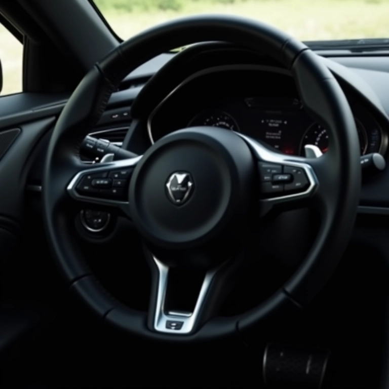 Volante esportivo com acabamento em alumínio, interior de carro.