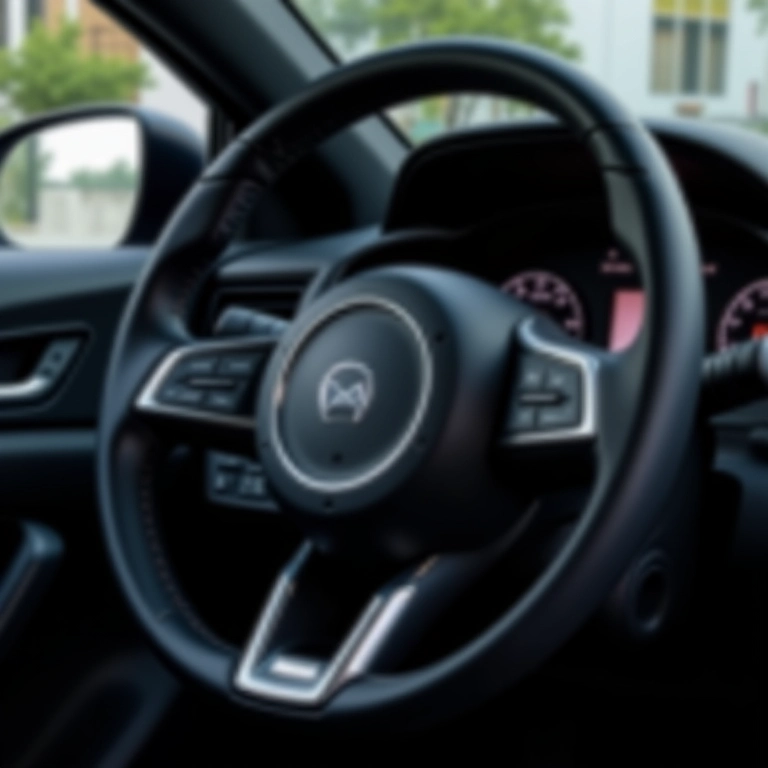 Volante esportivo com base reta (semi-achatado) em interior de carro.