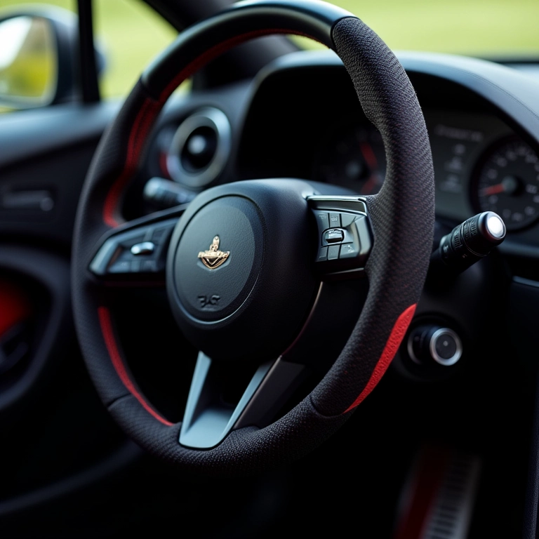 Volante esportivo com costuras coloridas em interior de carro.