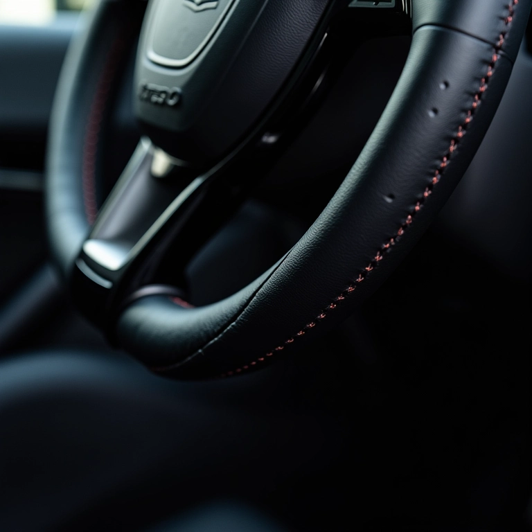 Volante esportivo revestido em couro com detalhes de costura.