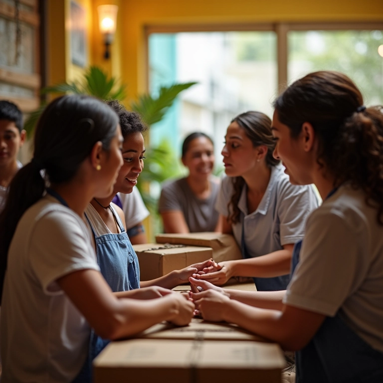 Voluntários da Cáritas Brasileira auxiliando refugiados.