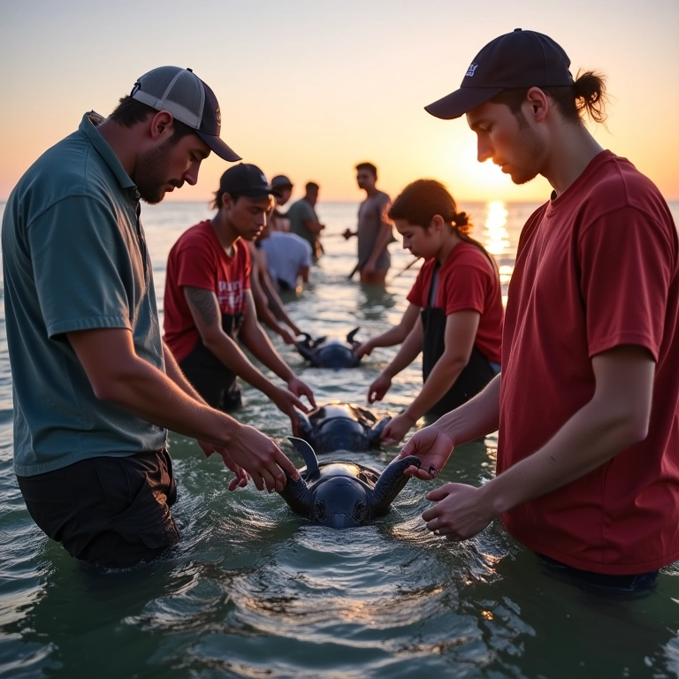 Voluntários libertando tartarugas marinhas resgatadas no oceano.
