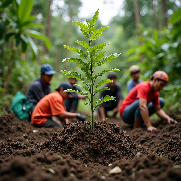 Voluntários plantando árvores em área desmatada da Amazônia.