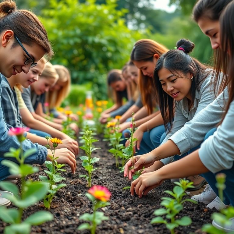 Voluntários plantando flores raras.