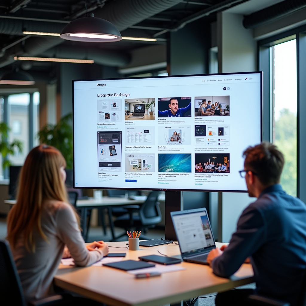 Website design portfolio displayed on a large screen in a modern office. Creative agency, Portfólio de sites criados por agência.