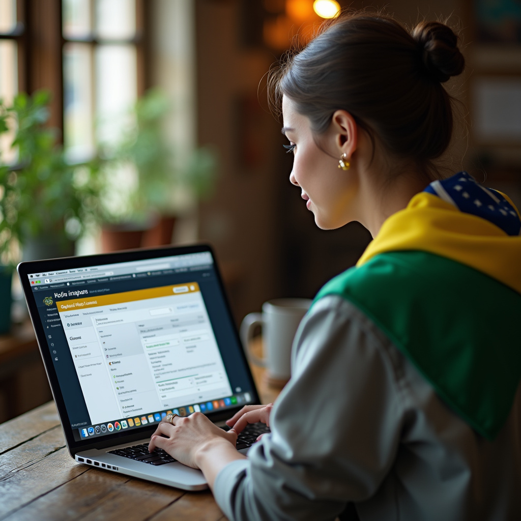 Woman applying for fishing license online, laptop, Brazilian flag, professional photography, 8K Mulher tirando carteira de pesca online no Brasil.