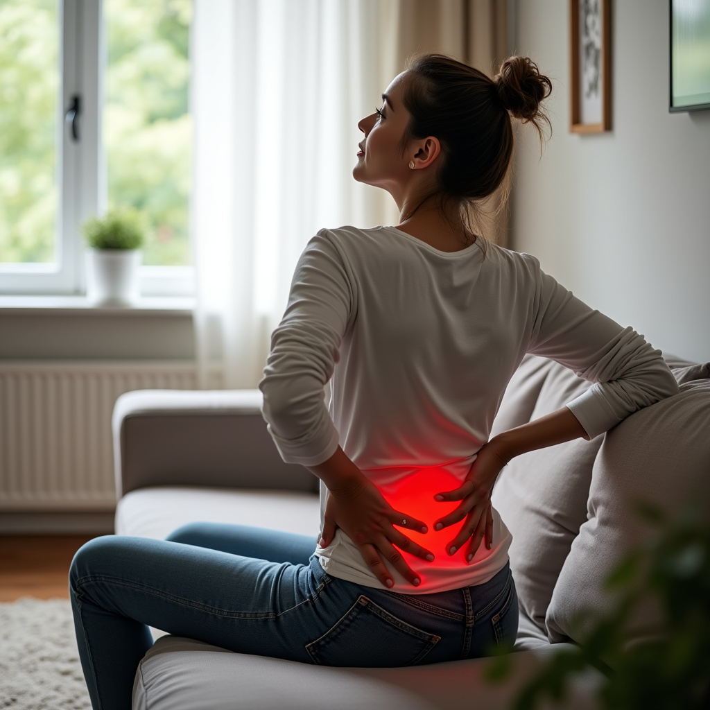 Woman experiencing pelvic pain, sitting on a couch in a brightly lit living room. 8K, sharp focus, Mulher com dor pélvica.